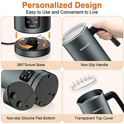 Frother for Coffee, Milk Frother, 4 IN 1 Automatic Warm and Cold Milk Foamer, BIZEWO Stainless Steel Milk Steamer for Latte, Cappuccinos, Macchiato, Hot Chocolate Milk with LED Touch Screen Panel
