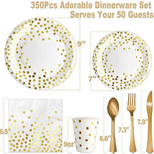 350PCS White and Gold Party Supplies, Severs 50 Disposable Gold Paper Plates Party Supplies Engagement Party Decorations Gold Plastic Forks Knives Spoons Napkins Cups for Wedding Bachelorette