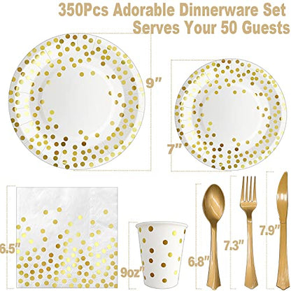 350PCS White and Gold Party Supplies, Severs 50 Disposable Gold Paper Plates Party Supplies Engagement Party Decorations Gold Plastic Forks Knives Spoons Napkins Cups for Wedding Bachelorette