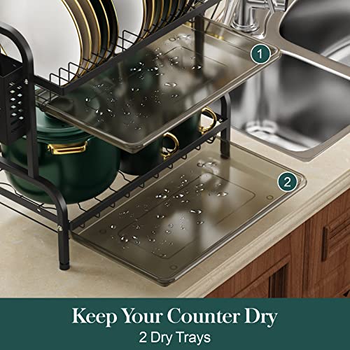 iSPECLE Dish Drying Rack for Kitchen Counter 2 Tier Dish Rack with Cup Holder, Dish Drainer with Drainboard and Utensil Holder Large Capacity for Small Kitchen Countertop Saving Space
