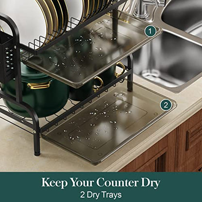 iSPECLE Dish Drying Rack for Kitchen Counter 2 Tier Dish Rack with Cup Holder, Dish Drainer with Drainboard and Utensil Holder Large Capacity for Small Kitchen Countertop Saving Space