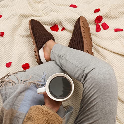 Footsuite Women's Knitted Memory Foam Scuff Mule Slipper with Faux Fur Lining, Slip-on Outdoor Indoor House Shoes(Coffee, 9-10)