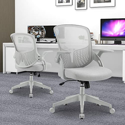SMUG Home Office Ergonomic Desk Mesh Computer Modern Height Adjustable Swivel Chair with Lumbar Support/Flip-up Arms, Grey, 17" D x 19.5" W x 36" H
