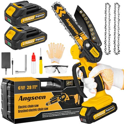 Mini Chainsaw Cordless 6 Inch, Electric Chainsaw Chain Saw Battery Powered, Small Hand Chainsaw With 2 2.0Ah Battery and 2 Super Chains for Tree Trimming, Branches, Wood Cutting (2023 Upgrade)