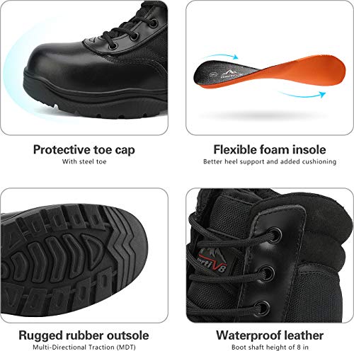 NORTIV 8 Steel Toe Boots for Men Safety Industrial & Construction Military Work Boots Slip Resistant ASTM F2413-18 Black Size 7 M US Trooper-Steel