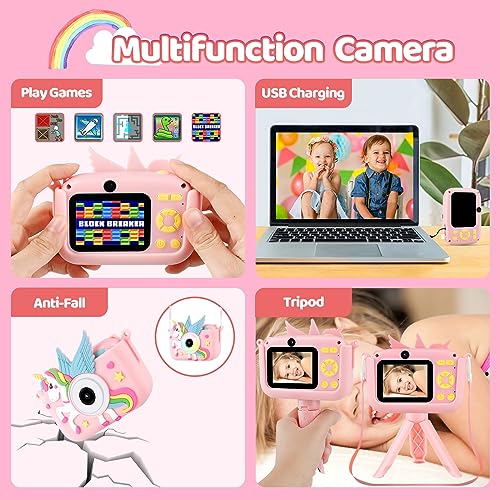 Kids Camera for Girls,2.4-in Kids Camera with Tripod Timelapse Camera with 32GB SD Card 1080 HD Digital Video Camera for 3-12 Years Old Girls Boys Toddler Selfie Camera with Silicone Cover