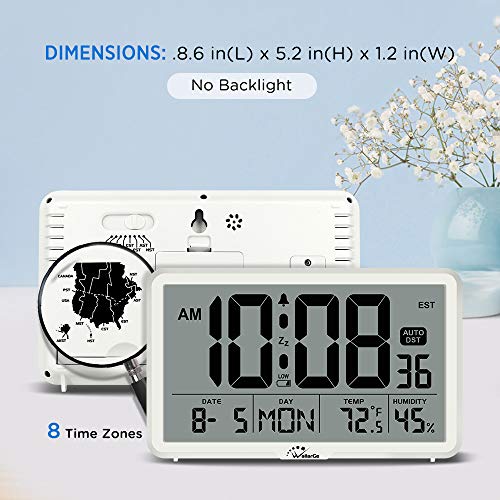 WallarGe Auto Set Digital Wall Clock Battery Operated,Desk Clocks with Temperature,Humidity and Date,Large Display Digital Calendar Alarm Clock for Elderly,Bedroom,Office,8 Time Zone, Auto DST.