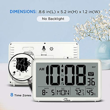 WallarGe Auto Set Digital Wall Clock Battery Operated,Desk Clocks with Temperature,Humidity and Date,Large Display Digital Calendar Alarm Clock for Elderly,Bedroom,Office,8 Time Zone, Auto DST.