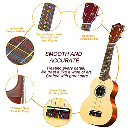 Everjoys Soprano Ukulele Beginner Pack-21 Inch w/Rainbow String Free Online Lesson Gig Bag Fast Learn Songbook Digital Tuner Pick All in One Kit