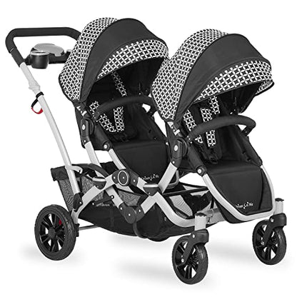 Dream On Me Track Tandem Double Umbrella Stroller in Black & White, Lightweight Double Stroller for Infant and Toddler, Multi-Position Reversible & Reclining Seats, Large Storage Basket and Canopy