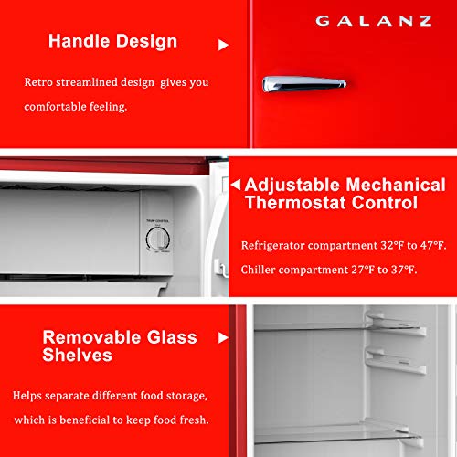 Galanz GLR33MRDR10 Retro Compact Refrigerator, Single Door Fridge, Adjustable Mechanical Thermostat with Chiller, 3.3 Cu Ft, Red