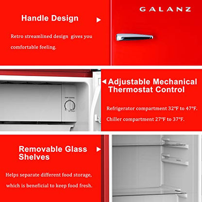 Galanz GLR33MRDR10 Retro Compact Refrigerator, Single Door Fridge, Adjustable Mechanical Thermostat with Chiller, 3.3 Cu Ft, Red