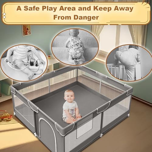 XVISHX Baby Playpen 50 x 50 Inch Play Pen Playards, Playpen for Babies and Toddlers, Baby Playard for Indoor & Outdoor Active Center Game Fence, with Skin-Friendly Fabric and Soft Breathable Mesh Grey