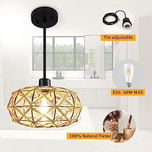 uznhty Rattan Pendant Lights Kitchen Island Woven Boho Chandelier Farmhouse Hanging Lighting Hemp Rope Adjustable Semi Flush Mount Ceiling Light Rattan Light Fixture for Dinning Room Bedroom Hallway