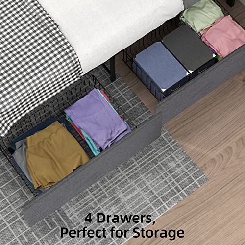 IDEALHOUSE Queen Bed Frame with 4 Storage Drawers and Headboard, Adjustable Upholstered Headboard Beds Mattress Foundation with Wood Slat Support, No Box Spring Needed