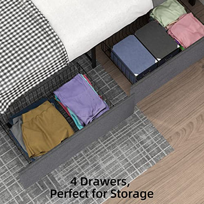 IDEALHOUSE Queen Bed Frame with 4 Storage Drawers and Headboard, Adjustable Upholstered Headboard Beds Mattress Foundation with Wood Slat Support, No Box Spring Needed