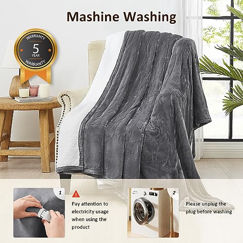 JKMAX Heated Blanket Electric Throw - 50"x60" Electric Heating Blanket 10 Heat Setting 5 Levels Auto-Off Heated Throw Blanket Overheat Protection Soft Flannel Sherpa Electric Blanket ETL Certified
