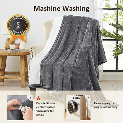 JKMAX Heated Blanket Electric Throw - 50"x60" Electric Heating Blanket 10 Heat Setting 5 Levels Auto-Off Heated Throw Blanket Overheat Protection Soft Flannel Sherpa Electric Blanket ETL Certified