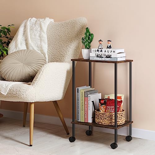 Fogein Set of 2 End Table with Wheels, 2-Tier Side Table, Sode Table, Side Table with Storage, Table Stand, Nightstand for Living Room Bedroom Small Space Table(Brown)