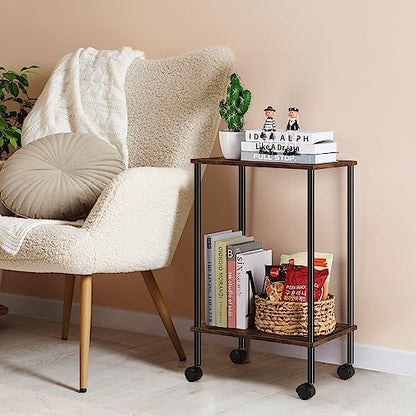 Fogein Set of 2 End Table with Wheels, 2-Tier Side Table, Sode Table, Side Table with Storage, Table Stand, Nightstand for Living Room Bedroom Small Space Table(Brown)