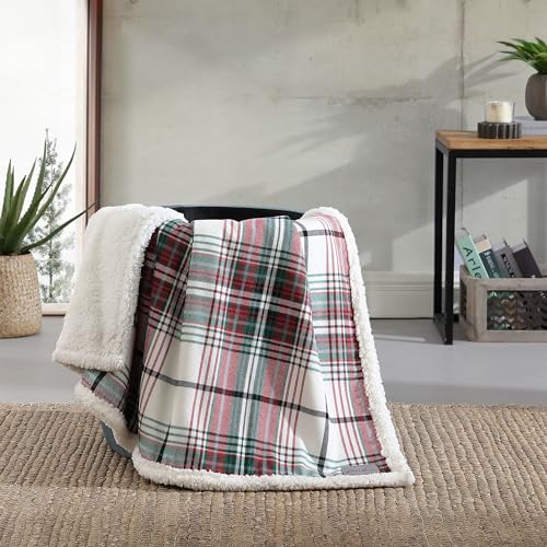 Eddie Bauer - Throw Blanket, Cotton Flannel Home Decor, All Season Reversible Sherpa Bedding (Montlake Plaid Red, Throw)