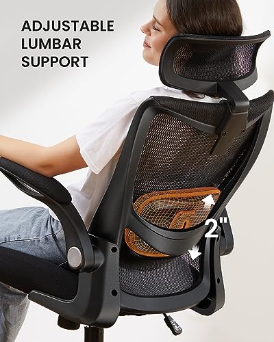 ErGear Ergonomic Desk Chair, Office Chair with 2'' Adjustable Lumbar Support, Computer Chair with Flip-Up Armrests & Headrest, High Back Office Desk Chair with 4'' Thicken Seat for Home Office, Black