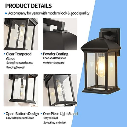 Smeike Large Outdoor Wall Lantern, Matte Black Outdoor Porch Light Wall Mount, Anti-Rust Aluminum Waterproof Sconce Lights, Exterior Lights with Clear Glass for House, Garage, Porch