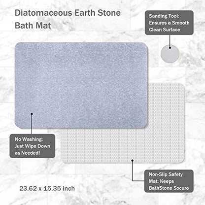CECOKESO The Grey Diatomaceous Earth Bath Mat is Non-Slip, Absorbent, Its Dimensions are 23.62" x 15.35"