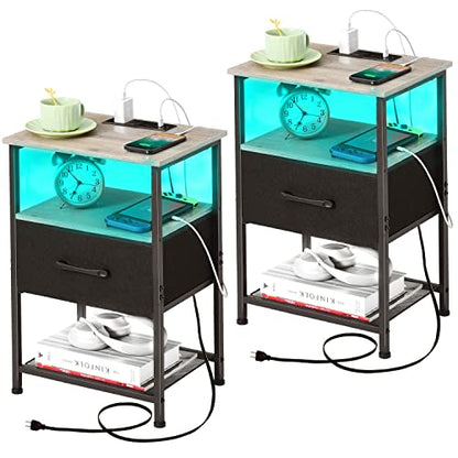 LAKEMID Nightstands Set of 2 with Charging Station and Drawer, End Table Bedside Table with 20 Colors LED Light Strip and 2 Layers Shelf for Bedroom Living Room Sofa (Grey)