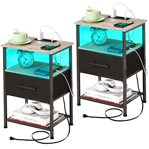 LAKEMID Nightstands Set of 2 with Charging Station and Drawer, End Table Bedside Table with 20 Colors LED Light Strip and 2 Layers Shelf for Bedroom Living Room Sofa (Grey)