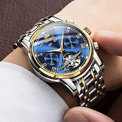 Mens Watches OLEVS Watch Men Automatic Watches for Men Tourbillon Self Winding Skeleton Watch for Men,Men's Wrist Watches Luxury Dress Waterproof Mens Watch Blue Dial Mechanical Watch Day Date,reloj para hombre