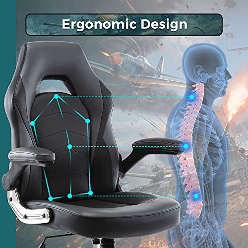 Office Chair, Gaming Chair Ergonomic Desk Chair Computer Chair PU Leather Executive Swivel Chair with Flip-up Armrests and Lumbar Support for Working, Studying, Gaming, Grey