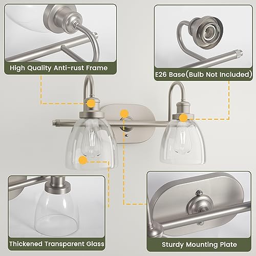 NeuType 2-Light Bathroom Light Fixtures, Brushed Nickel Vanity Light, Bathroom Light Fixtures Over Mirror, Vanity Lights for Bathroom with Clear Glass Shade
