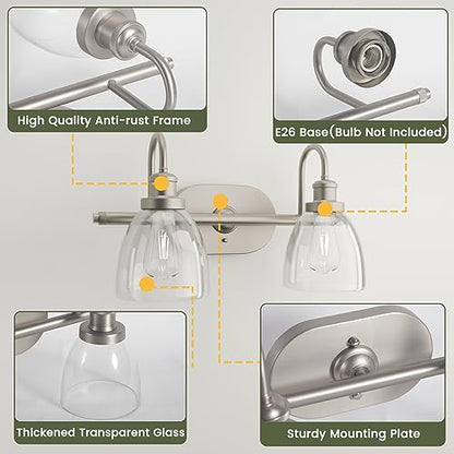 NeuType 2-Light Bathroom Light Fixtures, Brushed Nickel Vanity Light, Bathroom Light Fixtures Over Mirror, Vanity Lights for Bathroom with Clear Glass Shade