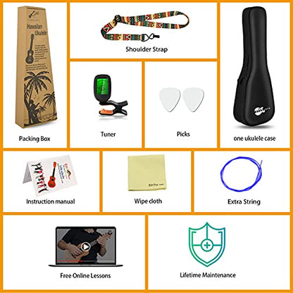 Everjoys Soprano Ukulele Beginner Pack-21 Inch w/Rainbow String Free Online Lesson Gig Bag Fast Learn Songbook Digital Tuner Pick All in One Kit