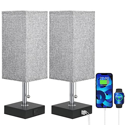 aooshine Bedside Lamps for Bedrooms Set of 2 - Table Lamps for Nightstand with USB Ports, Small Night Stand Light Lamp with Grey Fabric Shade for End Table Living Room Home Office (2 Pack)