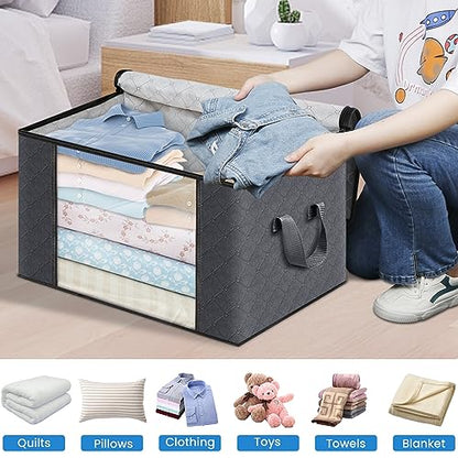 BlissTotes Storage Clothing Bags Storage Clothes Organizer with Reinforced Handle Sturdy Fabric Clear Window for Blankets, Bedding, Collapsible with Sturdy Zipper, 6 Pack, 60L, Grey