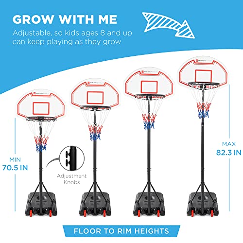 Best Choice Products Kids Height-Adjustable Basketball Hoop, Portable Backboard System w/ 2 Wheels, Fillable Base, Weather-Resistant, Nylon Net, Adjusts from 70.5in to 82.3in - White