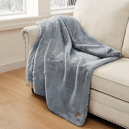 UGG 11069 Euphoria Plush Faux Fur Reversible Throw Cozy Fuzzy Fluffy Blanket for Couch Bed Hotel Style Luxury Machine Washable Home Decor Luxurious Soft Throws for Sofa, 70 x 50-inch, Chambray