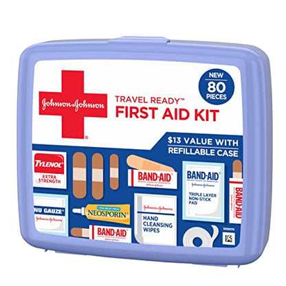 Band-Aid Travel Ready Portable Emergency First Aid Kit for Minor Wound Care with Assorted Adhesive Bandages, Gauze Pads & More, Ideal for Travel, Car & On-The-Go, 80 pc