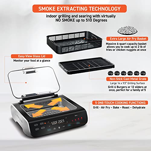 Gourmia Smokeless Indoor Grill & Air Fryer raclette grill with Smoke Extracting Technology Extra-Large Nonstick Cooking electric grill indoor Korean BBQ Style 6 Quart FoodStation™