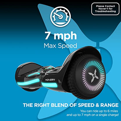 Hover-1 Superfly Electric Hoverboard, 7MPH Top Speed, 6 Mile Range, Long Lasting Li-Ion Battery, 5HR Full Charge, Built-In Bluetooth Speaker, Rider Modes: Beginner to Expert, Black