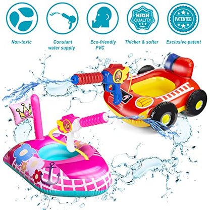 2 Pack Kids Pool Floats with Squirt Gun, Inflatable Pool Toys for Kids, Pink Flower Princess Pool Toys for Girls, Blow up Fire Truck Pool Floats for Toddlers，Baby Water Float Summer Pool Game Toys
