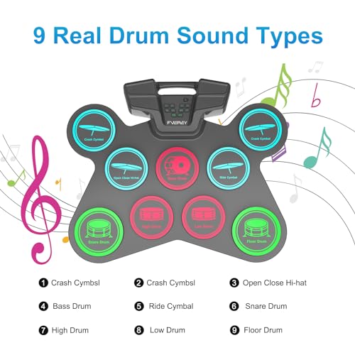 FVEREY Electric Drum Set, 9 Drum Practice Pads, Roll Up Drum Kit, Portable Digital Drum Machine with Headphone Jack, Built-in Speaker, Drum Sticks, Pedals, Christmas Birthday Gift for Beginner, Kids