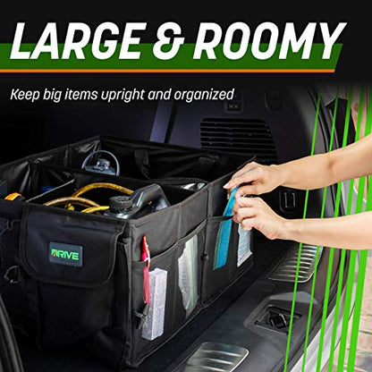 DRIVE AUTO PRODUCTS - Compact Black Car Trunk Organizer with Adjustable Straps