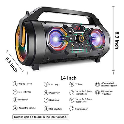 Bluetooth Speaker, 30W Portable Bluetooth Boombox with Subwoofer, FM Radio, RGB Colorful Lights, EQ, Stereo Sound, Booming Bass, 10H Playtime Wireless Outdoor Speaker for Home, Party, Travel, Camping