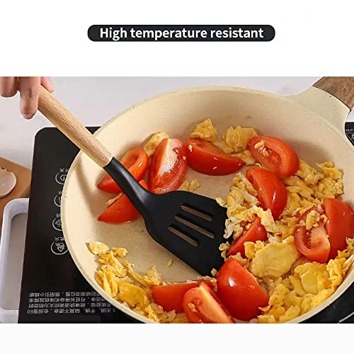 Karangred 12Pcs Silicone Cooking Kitchen Utensils Set with Holder,Wooden Handles Cooking Tool,BPA Free,Non Toxic Turner Tongs Spatula Spoon Kitchen Gadgets Set for Nonstick Cookware (Black)