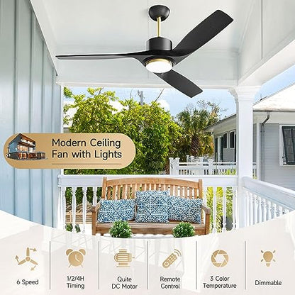 52 Inch Black Ceiling Fans with Lights Remote Control, Modern Large Outdoor Ceiling Fan with Dimmable LED Light, Reversible DC Motor, High CFM Outdoor Solid Wood Ceiling Fans for Patios Gazebo Bedroom