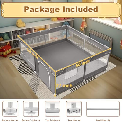 XVISHX Baby Playpen 50 x 50 Inch Play Pen Playards, Playpen for Babies and Toddlers, Baby Playard for Indoor & Outdoor Active Center Game Fence, with Skin-Friendly Fabric and Soft Breathable Mesh Grey