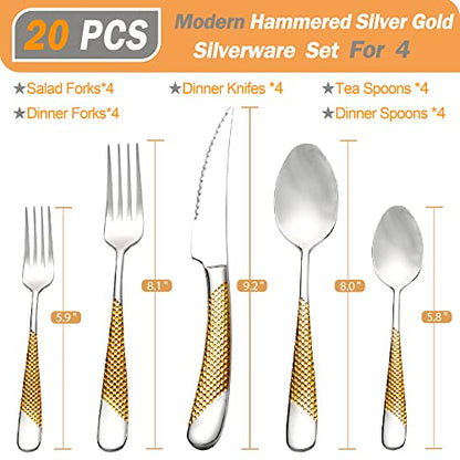 Runfly 20 Piece Hammered Modern Silver Gold Silverware Set, 18/10 Stainless Steel Flatware Set, Golden Kitchen Utensil Set Service for 4, Tableware Set, Cutlery Set Including Fork Spoon and Knife